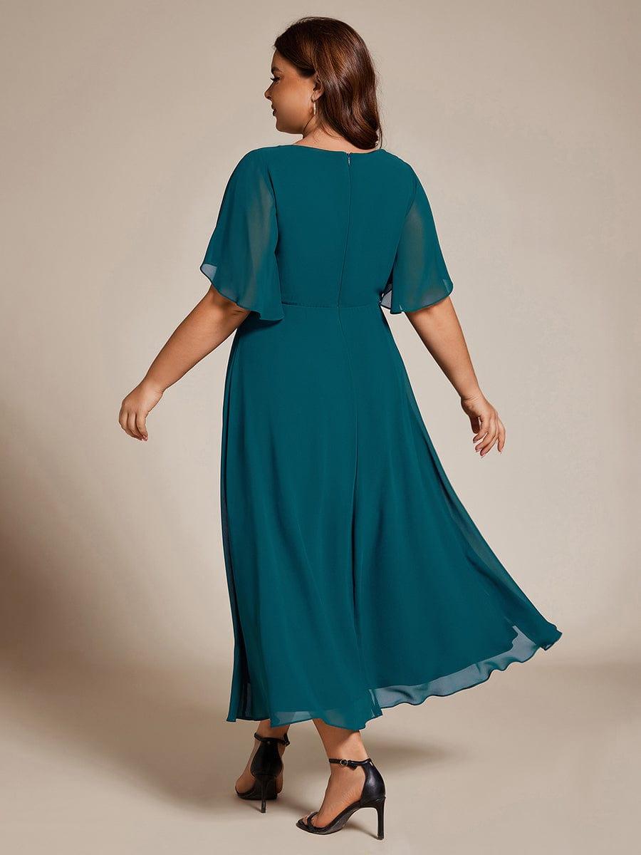 Floral A-Line Short Sleeves V-Neck Applique Empire-Waist Wedding Guest Dress