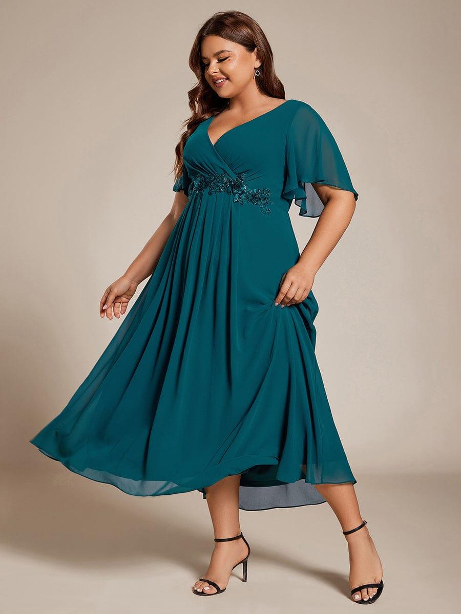 Floral A-Line Short Sleeves V-Neck Applique Empire-Waist Wedding Guest Dress