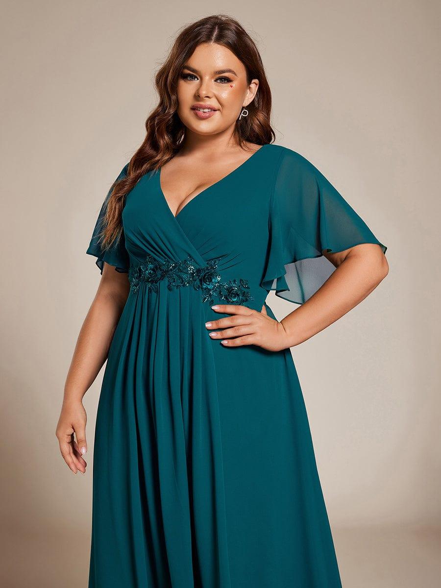 Floral A-Line Short Sleeves V-Neck Applique Empire-Waist Wedding Guest Dress