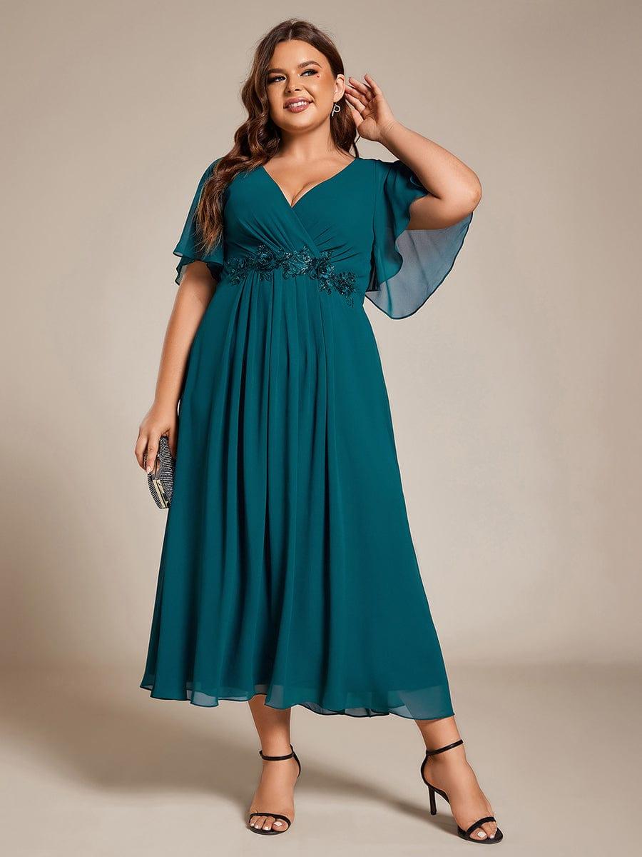 Floral A-Line Short Sleeves V-Neck Applique Empire-Waist Wedding Guest Dress