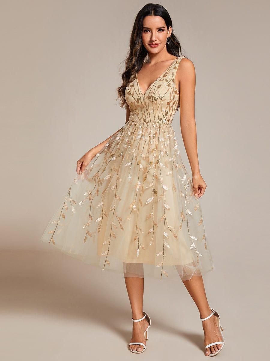 A-Line V-Neck Appliques Sleeveless Empire-Waist Wedding Guest Dress