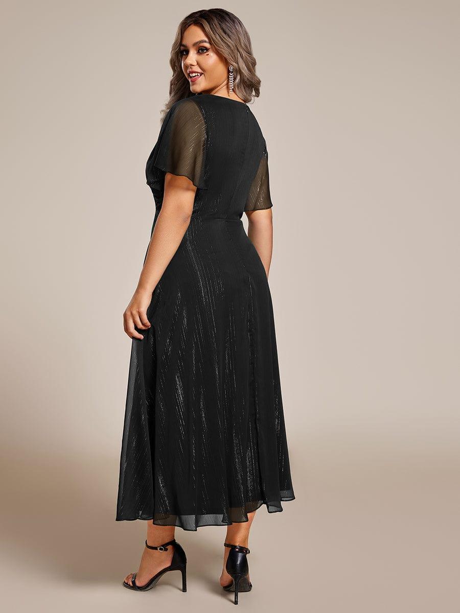 Metallic A-Line V-Neck Ruffles Short Sleeve Wedding Guest Dress