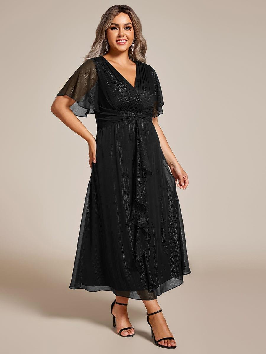Metallic A-Line V-Neck Ruffles Short Sleeve Wedding Guest Dress