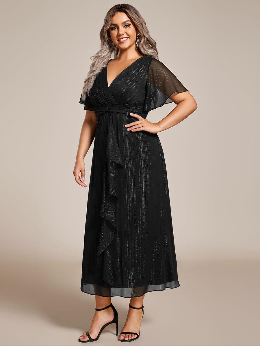 Metallic A-Line V-Neck Ruffles Short Sleeve Wedding Guest Dress