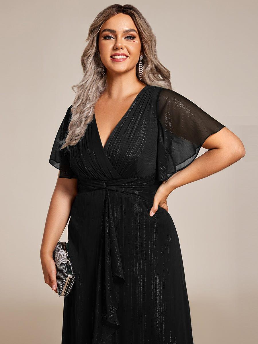 Metallic A-Line V-Neck Ruffles Short Sleeve Wedding Guest Dress