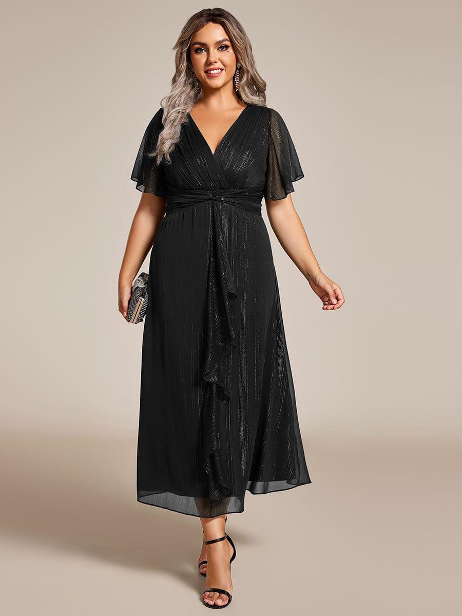 Metallic A-Line V-Neck Ruffles Short Sleeve Wedding Guest Dress