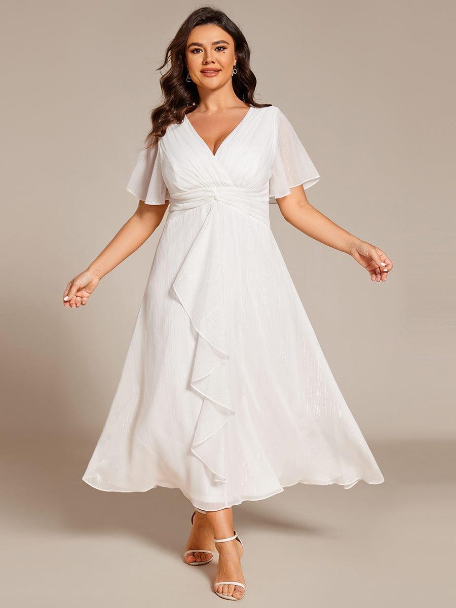 Metallic A-Line V-Neck Ruffles Short Sleeve Wedding Guest Dress