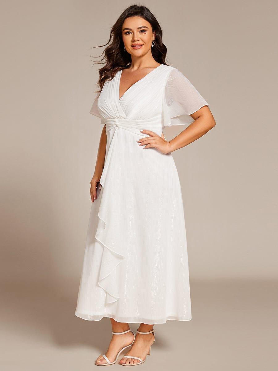 Metallic A-Line V-Neck Ruffles Short Sleeve Wedding Guest Dress