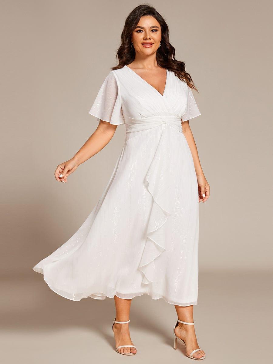Metallic A-Line V-Neck Ruffles Short Sleeve Wedding Guest Dress