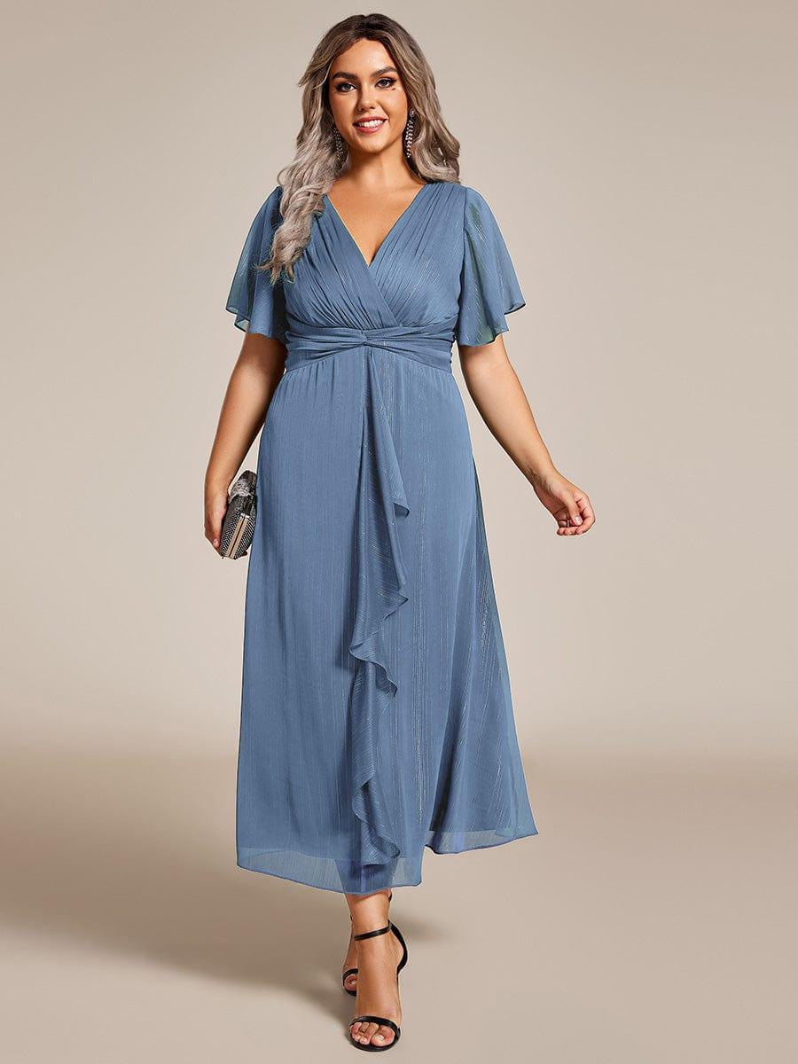 Metallic A-Line V-Neck Ruffles Short Sleeve Wedding Guest Dress