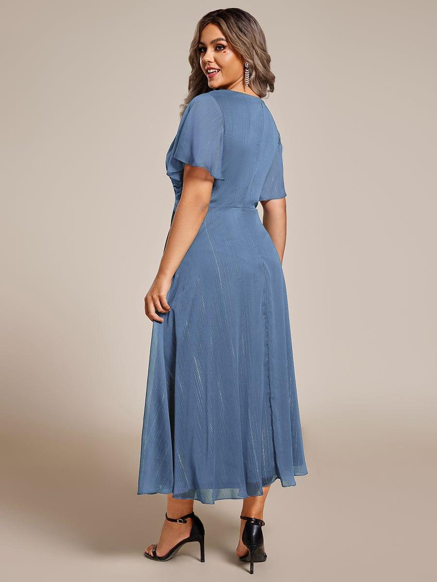 Metallic A-Line V-Neck Ruffles Short Sleeve Wedding Guest Dress