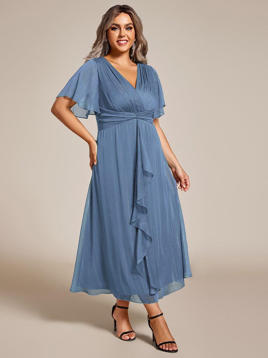 Metallic A-Line V-Neck Ruffles Short Sleeve Wedding Guest Dress