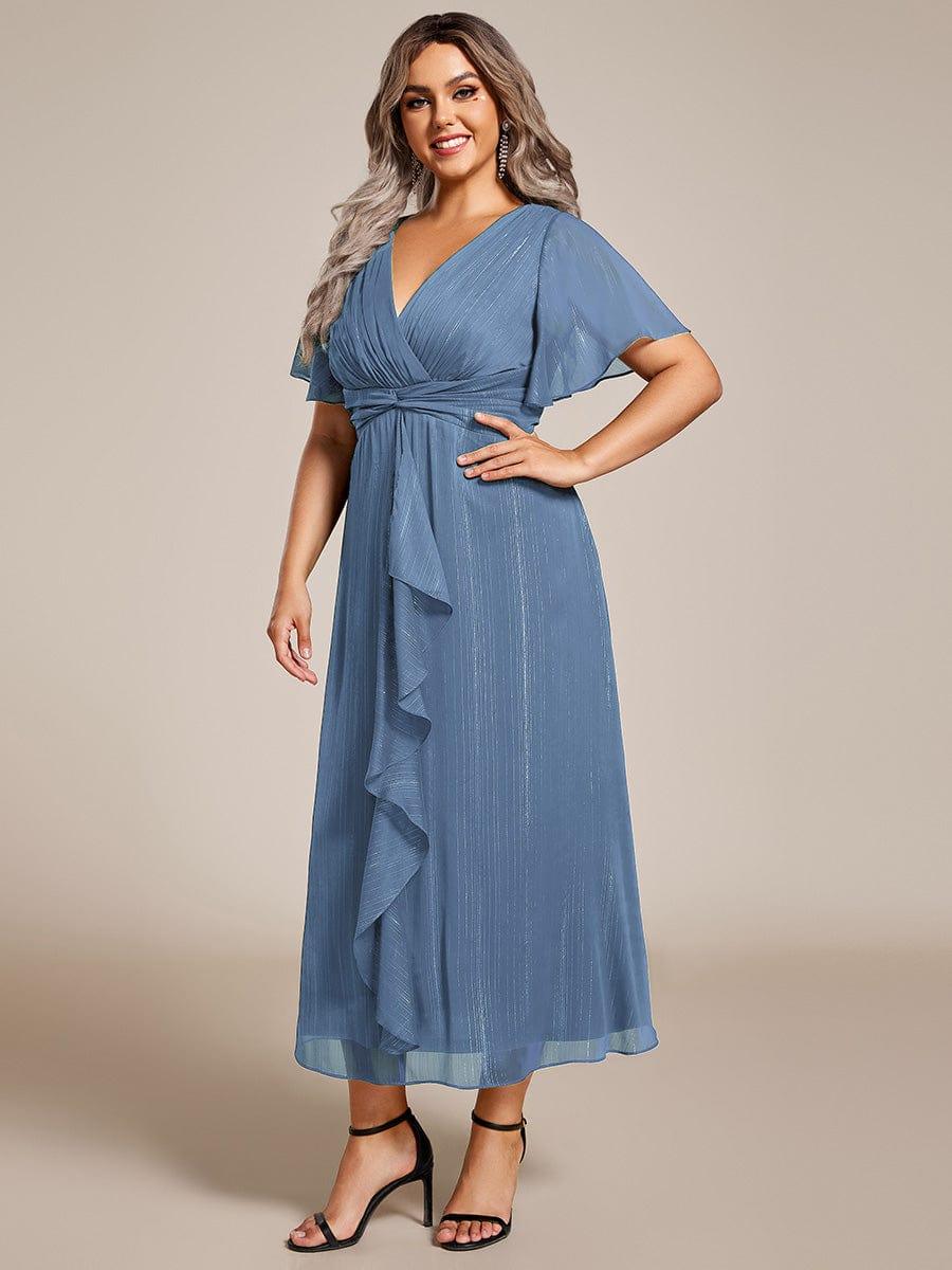 Metallic A-Line V-Neck Ruffles Short Sleeve Wedding Guest Dress