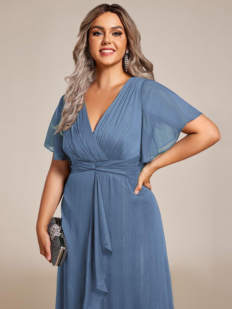 Metallic A-Line V-Neck Ruffles Short Sleeve Wedding Guest Dress