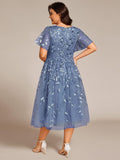 Sparkly A-Line Short Sleeves Tulle Appliques Formal Wedding Guest Dress