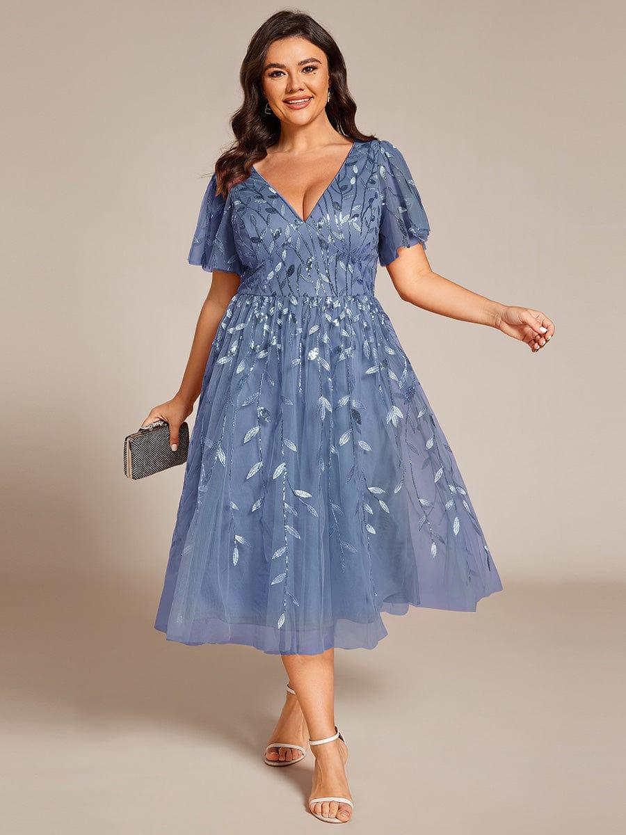Sparkly A-Line Short Sleeves Tulle Appliques Formal Wedding Guest Dress 