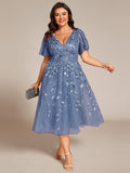 Sparkly A-Line Short Sleeves Tulle Appliques Formal Wedding Guest Dress 