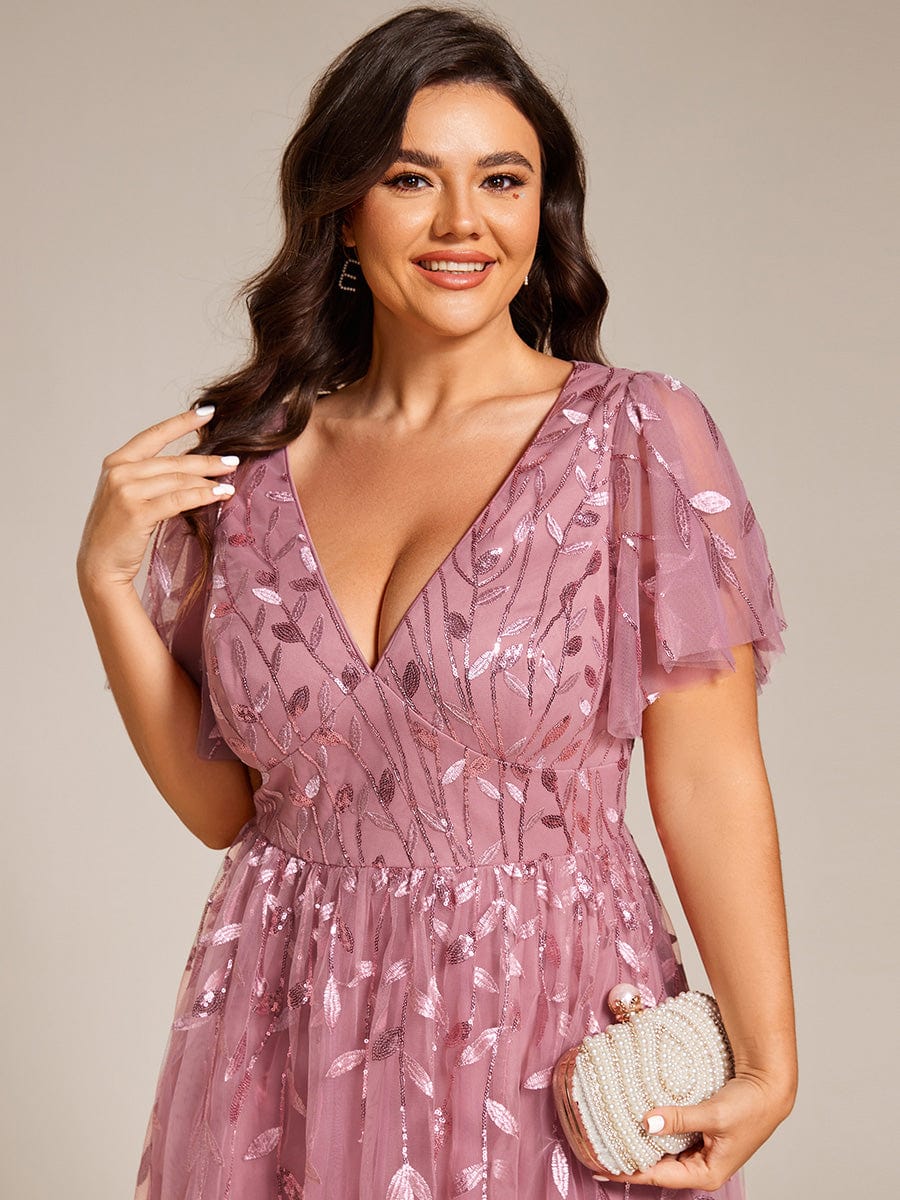 Sparkly A-Line Short Sleeves Tulle Appliques Formal Wedding Guest Dress