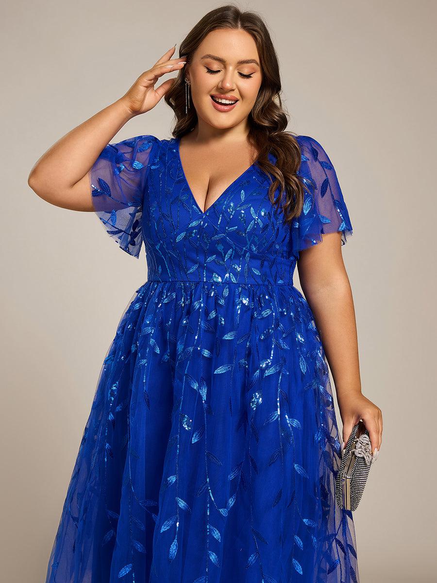 Sparkly A-Line Short Sleeves Tulle Appliques Formal Wedding Guest Dress
