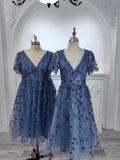 Sparkly A-Line Short Sleeves Tulle Appliques Formal Wedding Guest Dress