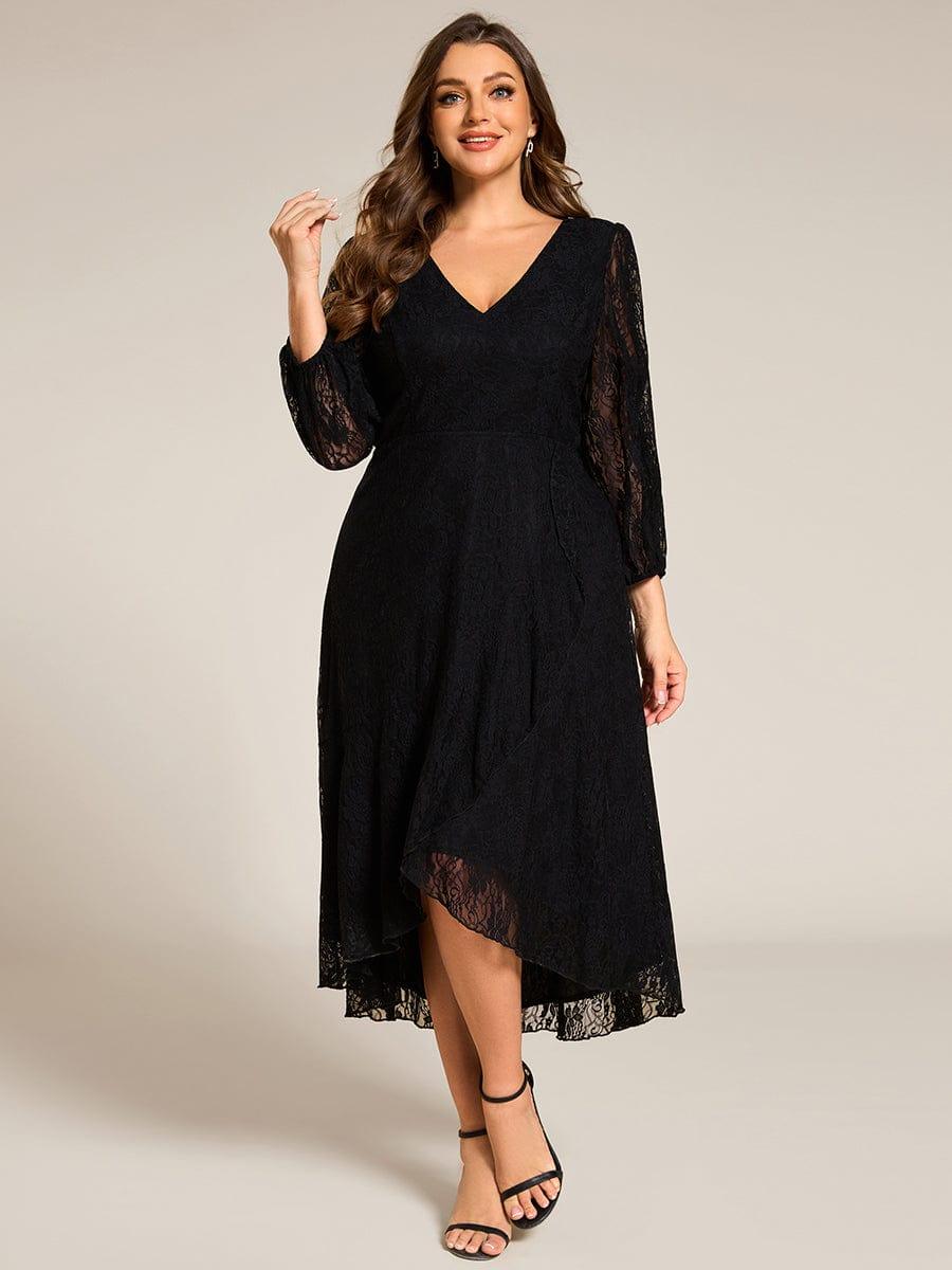 Plus Size Long Sleeves A-Line V-Neck Lace Wedding Guest Dress