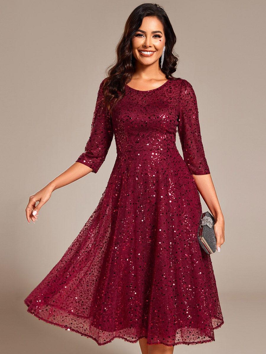 Sparkly A-Line Sequin Round Neck Wedding Guest Dress with  3/4 Sleeves