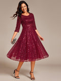 Sparkly A-Line Sequin Round Neck Wedding Guest Dress with  3/4 Sleeves