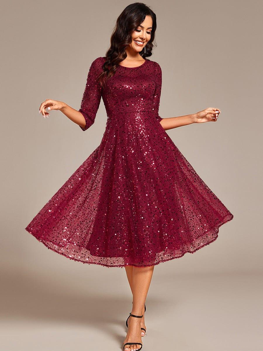 Sparkly A-Line Sequin Round Neck Wedding Guest Dress with  3/4 Sleeves