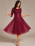Sparkly A-Line Sequin Round Neck Wedding Guest Dress with  3/4 Sleeves