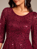 Sparkly A-Line Sequin Round Neck Wedding Guest Dress with  3/4 Sleeves
