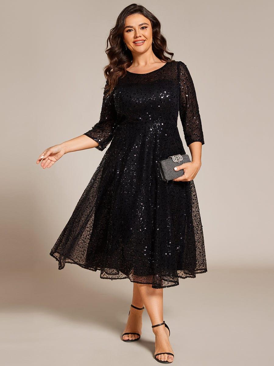 Sparkly A-Line Sequin Round Neck Wedding Guest Dress with  3/4 Sleeves