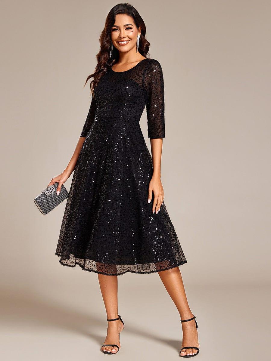 Sparkly A-Line Sequin Round Neck Wedding Guest Dress with  3/4 Sleeves