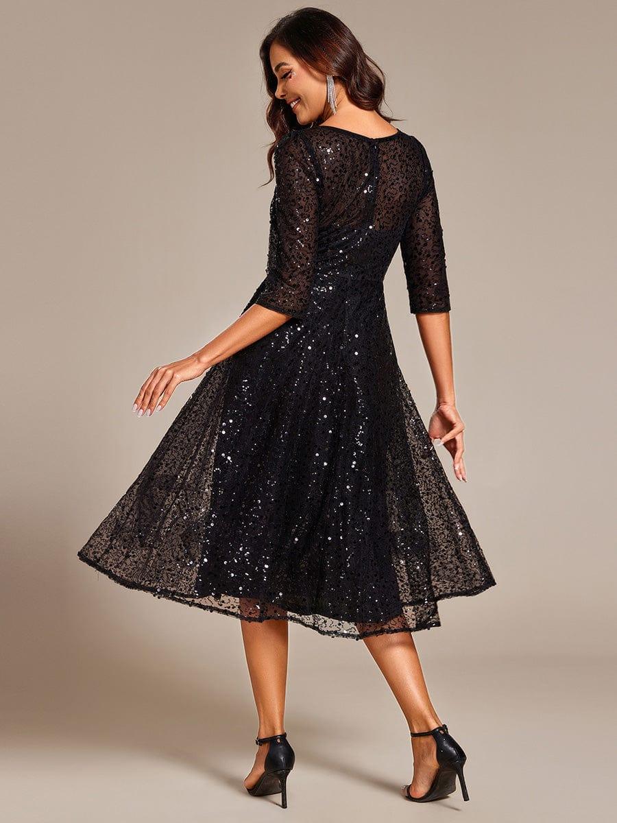 Sparkly A-Line Sequin Round Neck Wedding Guest Dress with  3/4 Sleeves