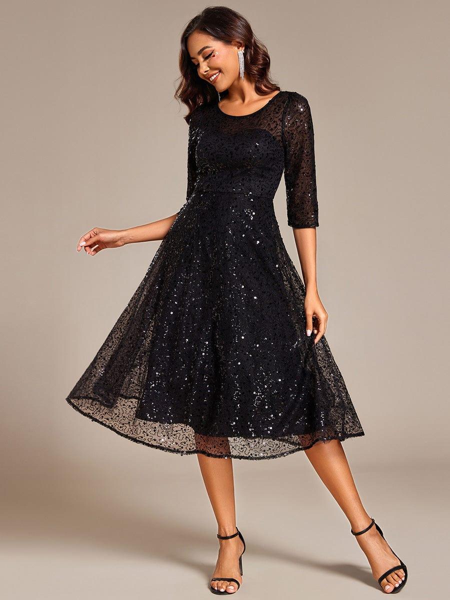 Sparkly A-Line Sequin Round Neck Wedding Guest Dress with  3/4 Sleeves