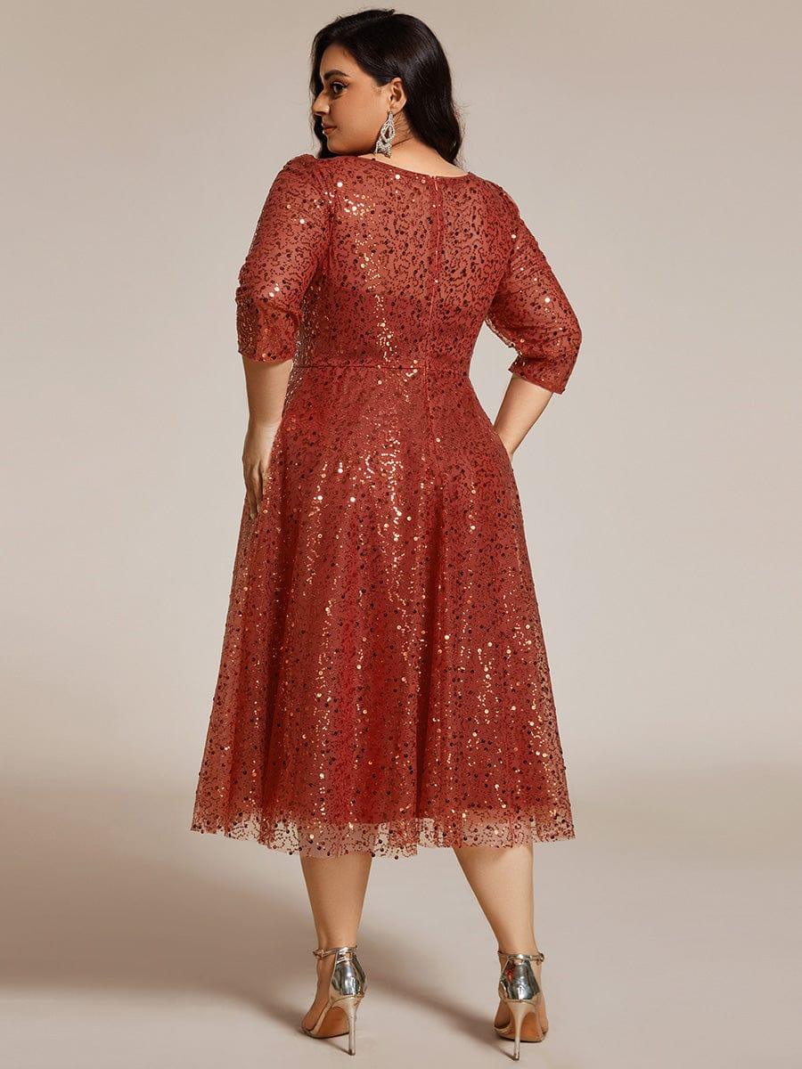 Plus Size 3/4 Sleeve A-Line Round Neck Sequin Pleated Wedding Guest Dress