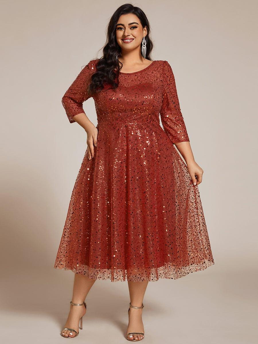 Plus Size 3/4 Sleeve A-Line Round Neck Sequin Pleated Wedding Guest Dress