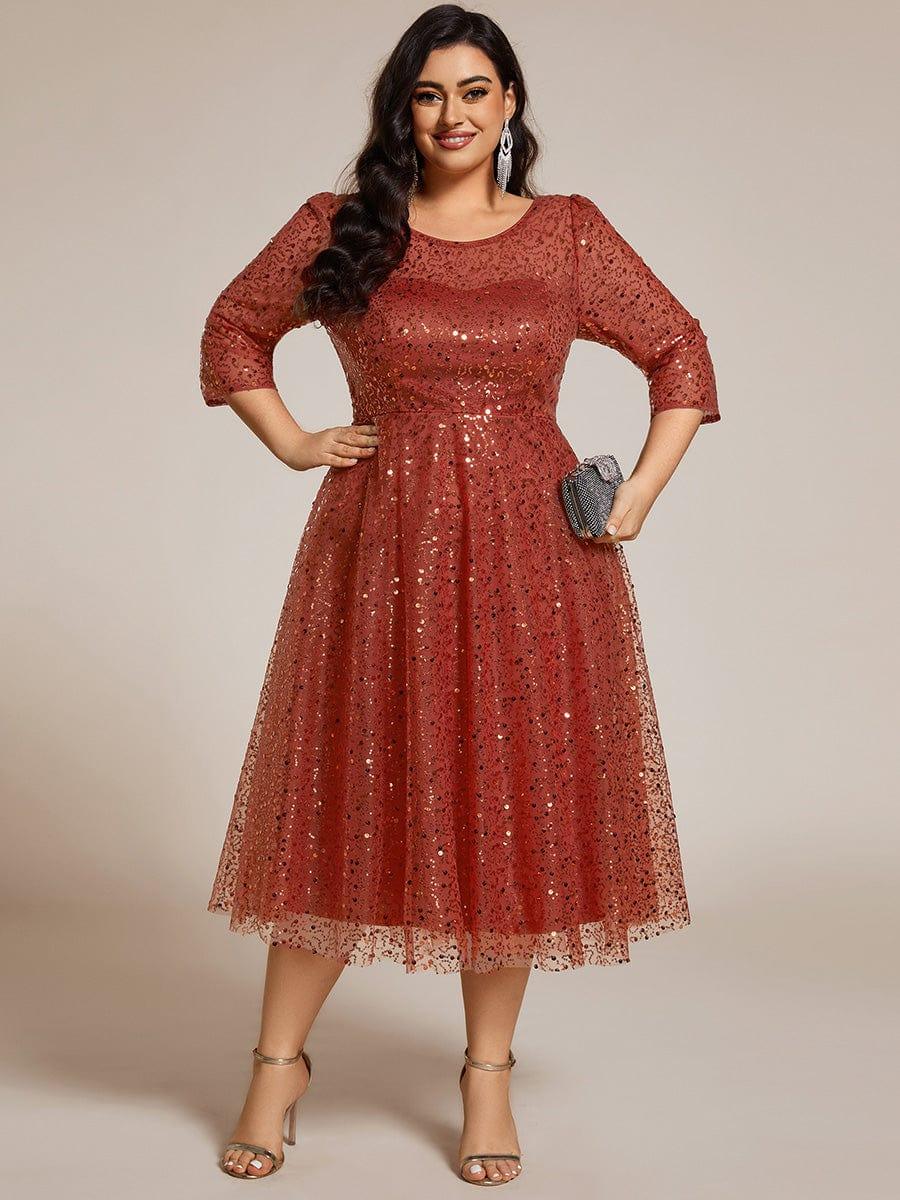 Plus Size 3/4 Sleeve A-Line Round Neck Sequin Pleated Wedding Guest Dress