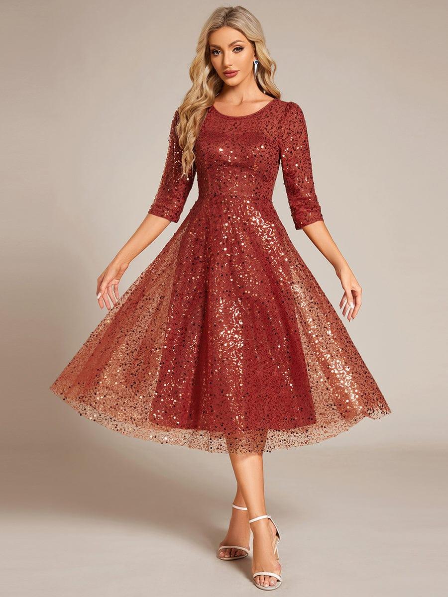 Sparkly A-Line Sequin Round Neck Wedding Guest Dress with  3/4 Sleeves