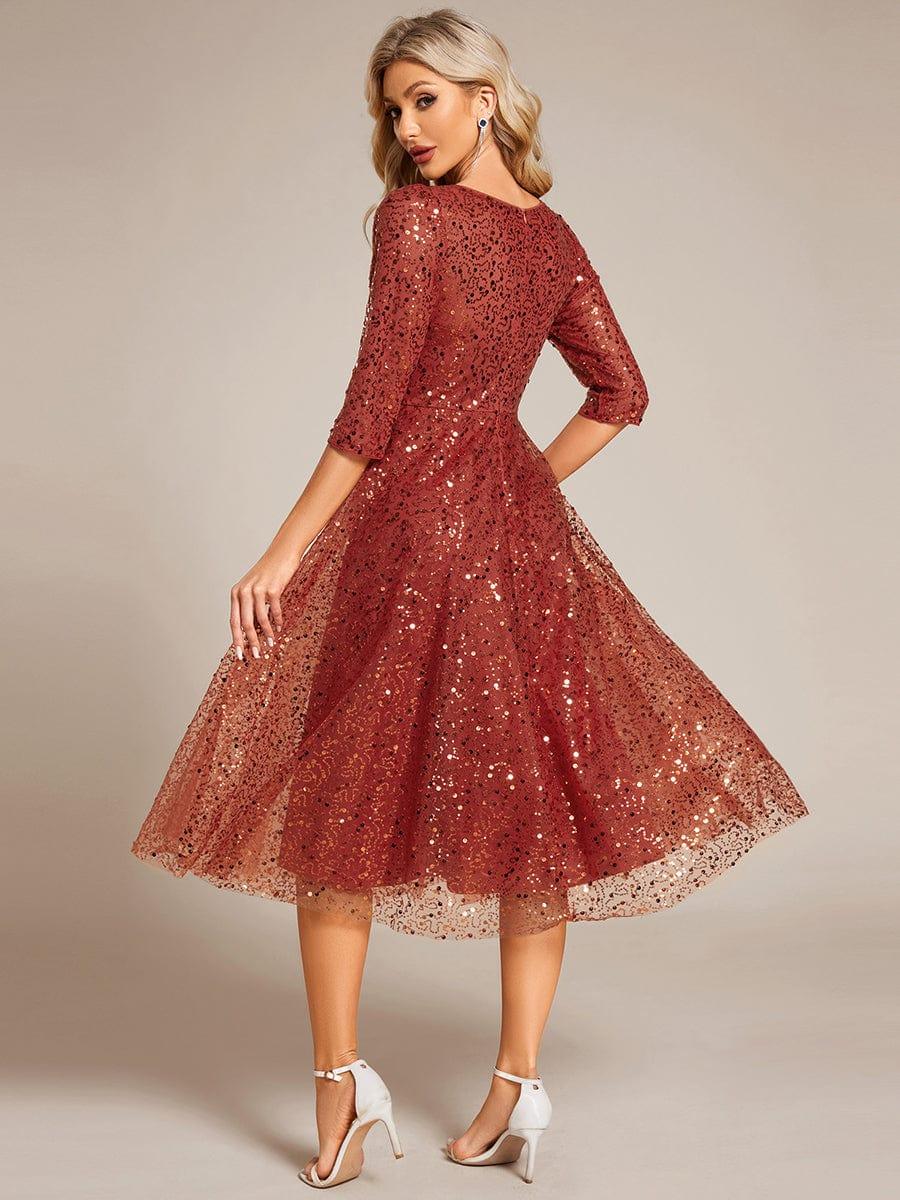 Sparkly A-Line Sequin Round Neck Wedding Guest Dress with  3/4 Sleeves