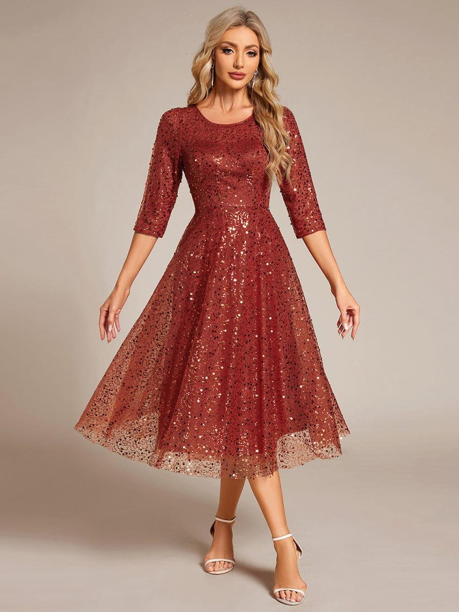 Sparkly A-Line Sequin Round Neck Wedding Guest Dress with  3/4 Sleeves