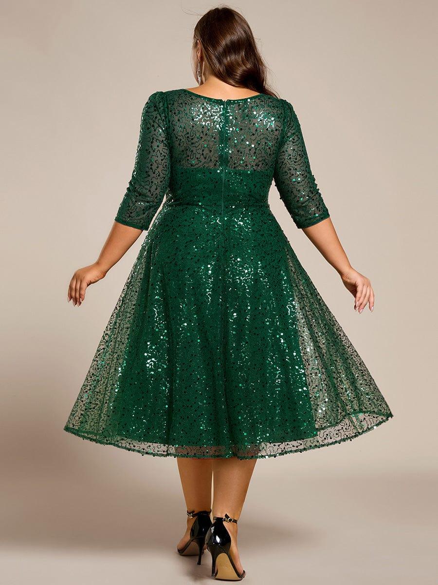 Plus Size 3/4 Sleeve A-Line Round Neck Sequin Pleated Wedding Guest Dress