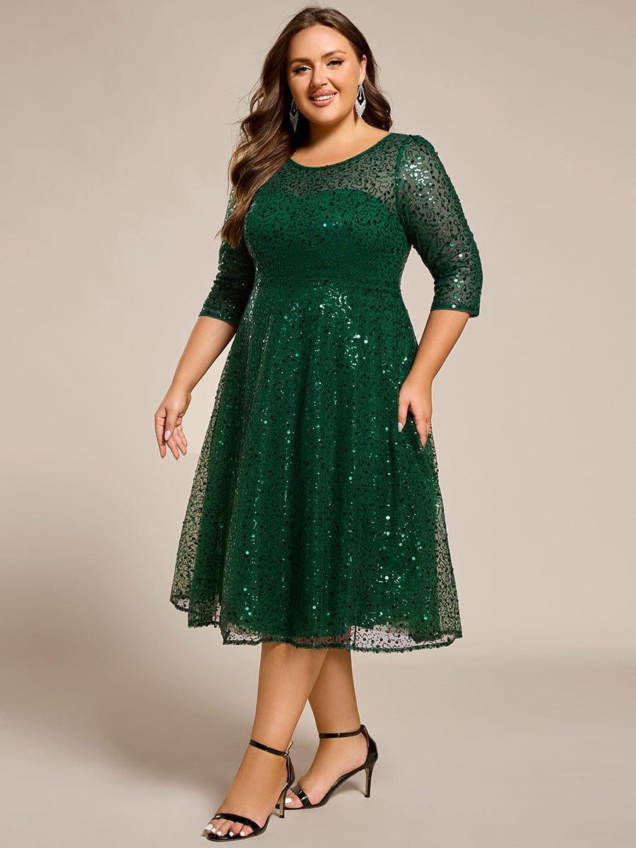 Plus Size 3/4 Sleeve A-Line Round Neck Sequin Pleated Wedding Guest Dress