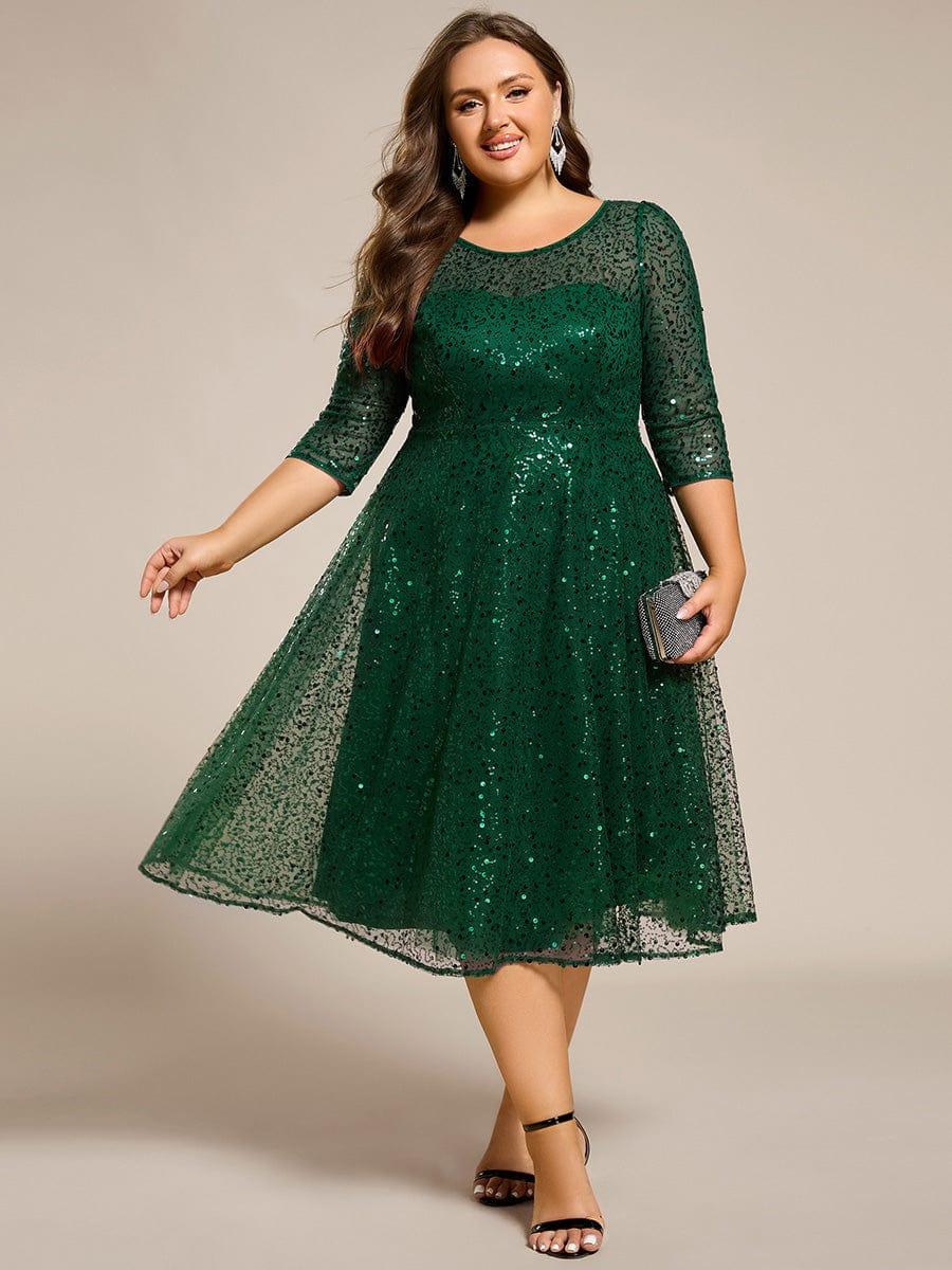 Plus Size 3/4 Sleeve A-Line Round Neck Sequin Pleated Wedding Guest Dress