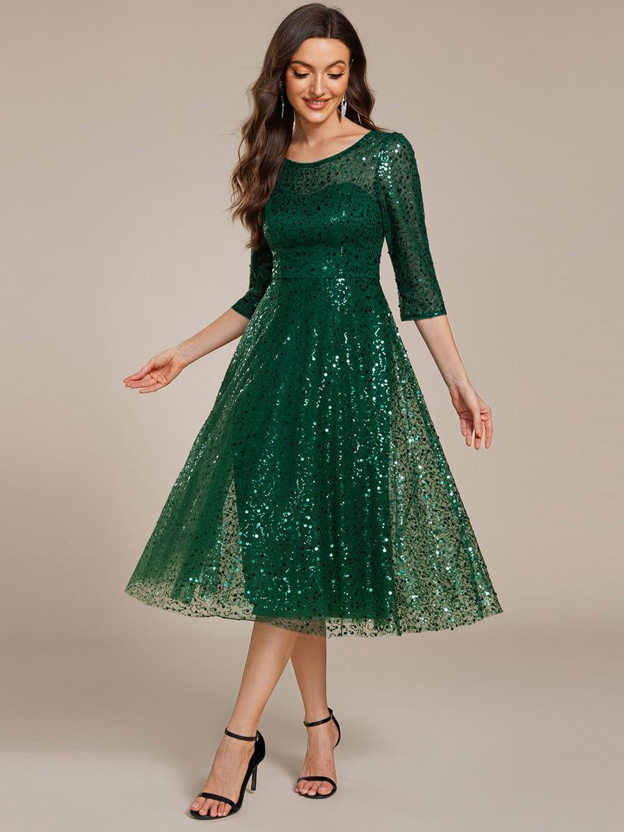 Sparkly A-Line Sequin Round Neck Wedding Guest Dress with  3/4 Sleeves