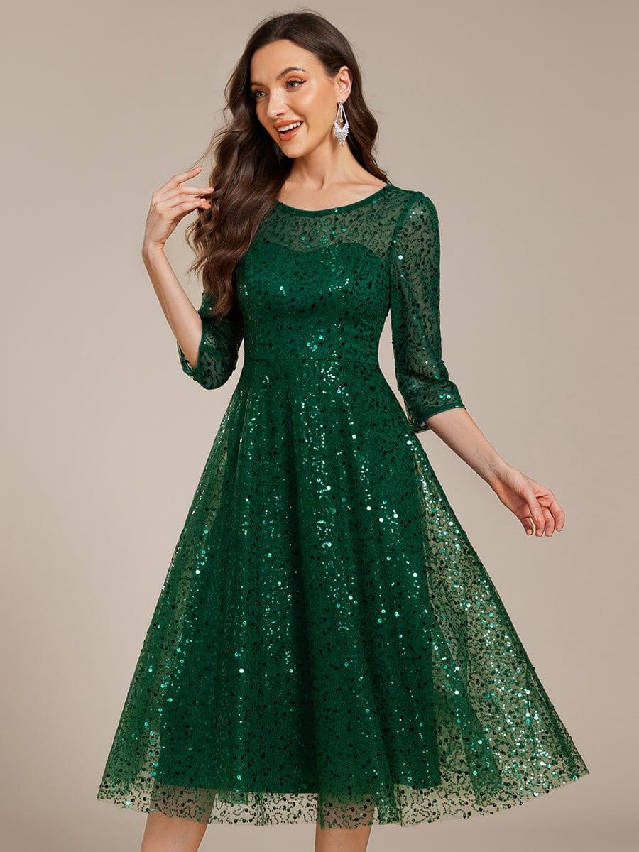 Sparkly A-Line Sequin Round Neck Wedding Guest Dress with  3/4 Sleeves