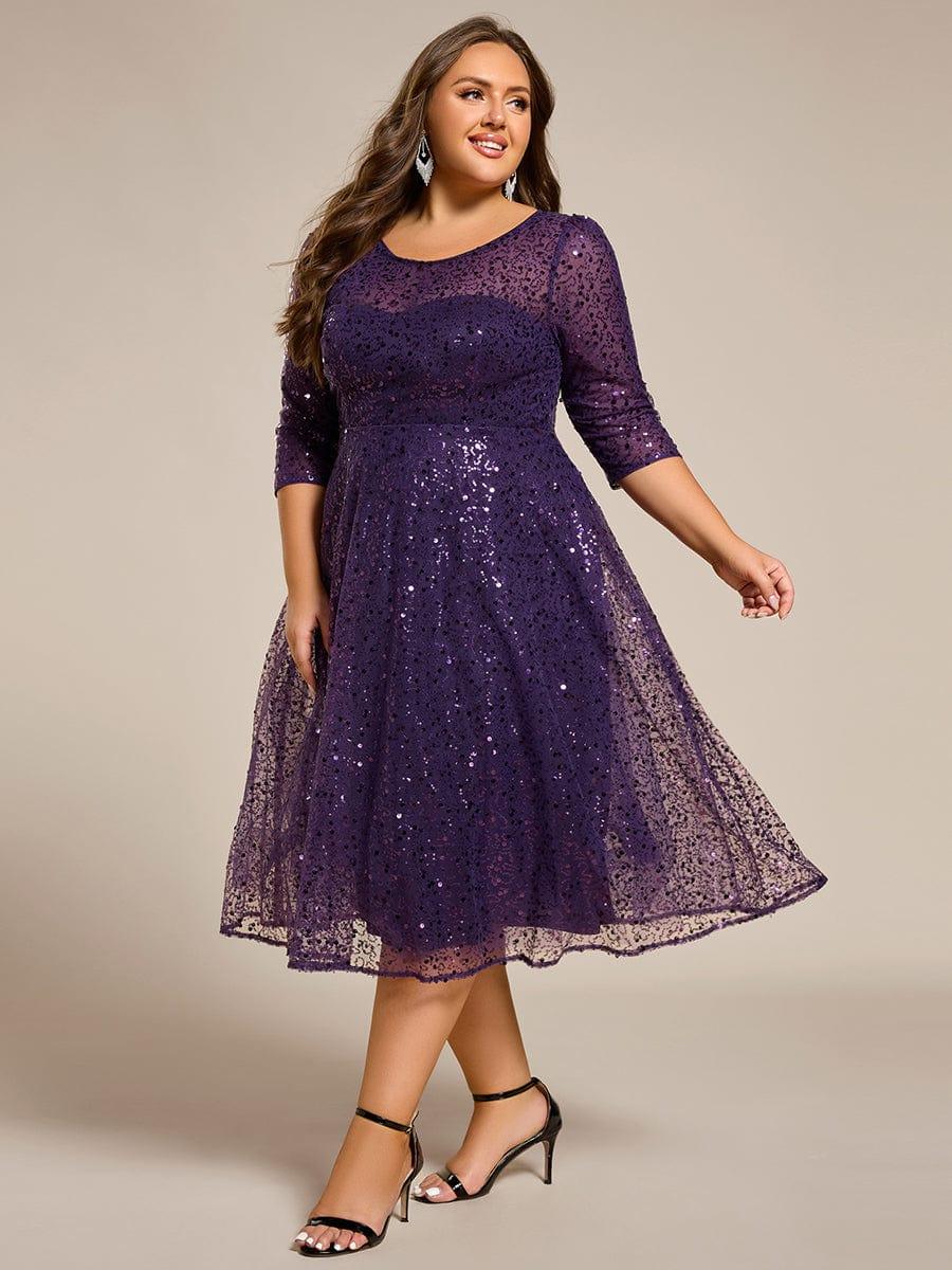 Plus Size 3/4 Sleeve A-Line Round Neck Sequin Pleated Wedding Guest Dress