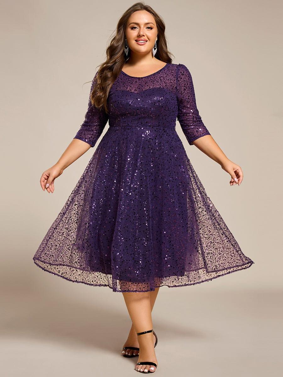 Plus Size 3/4 Sleeve A-Line Round Neck Sequin Pleated Wedding Guest Dress