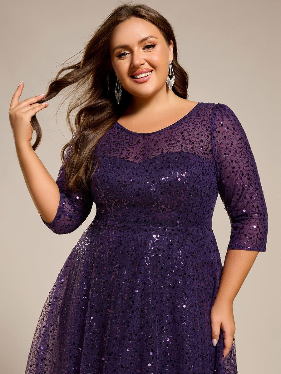 Sparkly A-Line Sequin Round Neck Wedding Guest Dress with  3/4 Sleeves