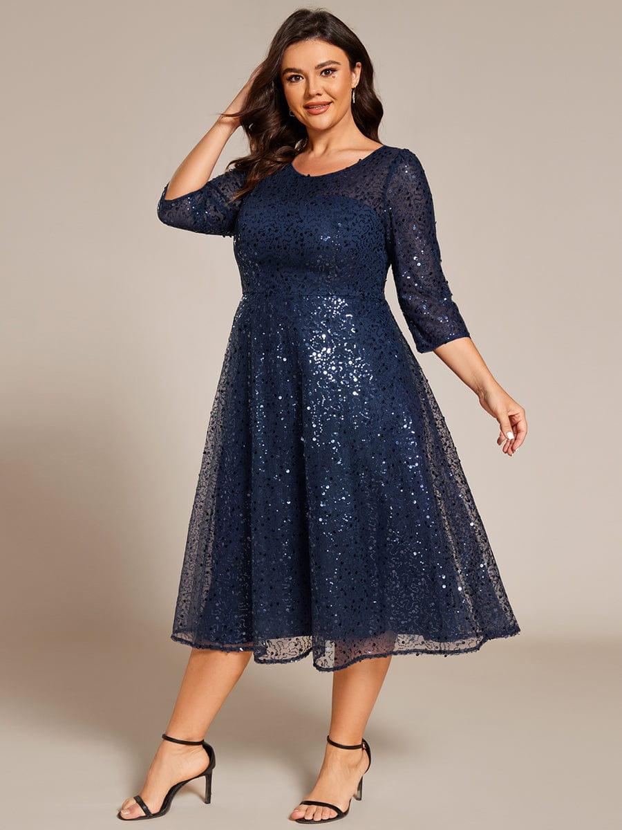 Plus Size 3/4 Sleeve A-Line Round Neck Sequin Pleated Wedding Guest Dress