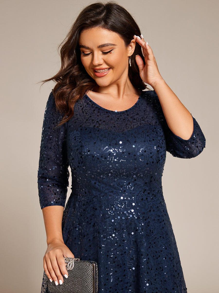 Plus Size 3/4 Sleeve A-Line Round Neck Sequin Pleated Wedding Guest Dress
